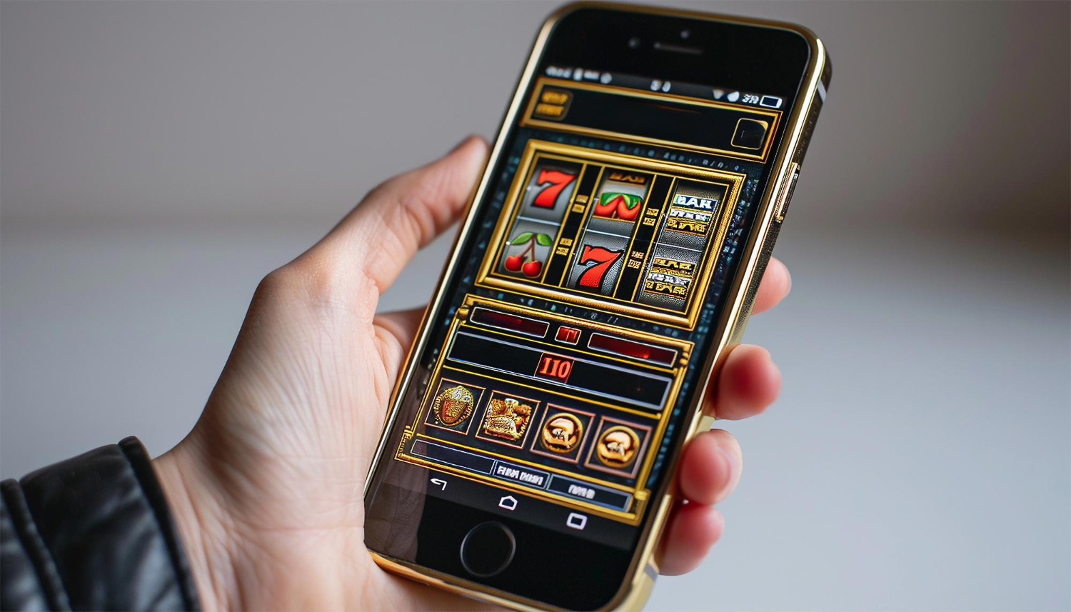 Hand holding smartphone, whilst playing online slot machine